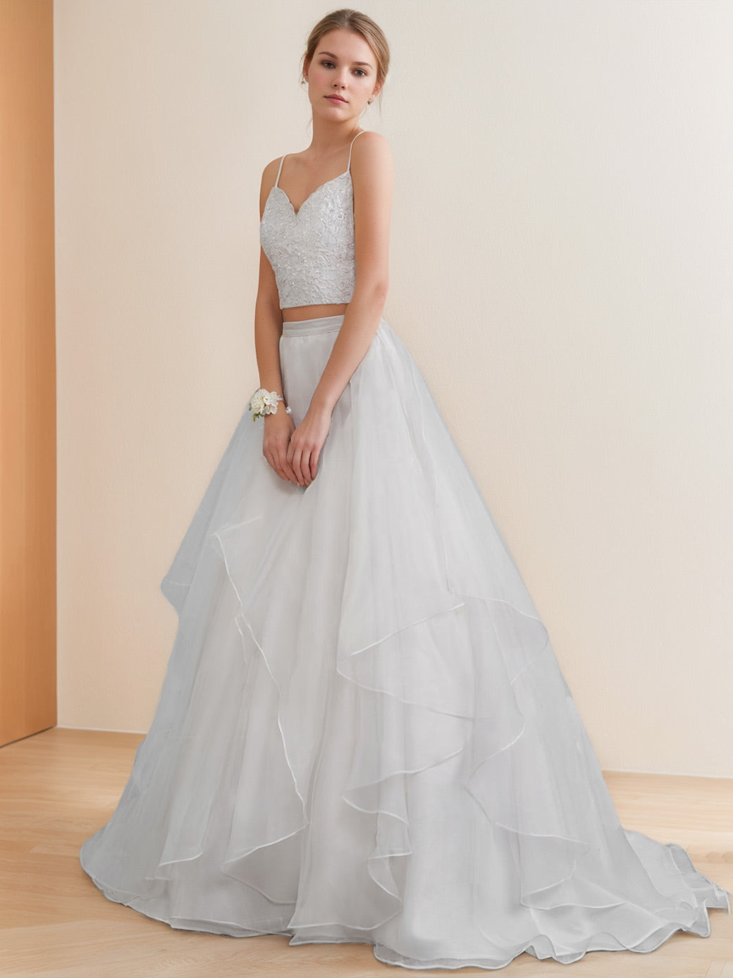 Two Piece Sweetheart Neck Spaghetti Straps Floor-Length Long Wedding Dresses with Lace/Cascading Ruffles BabaMila