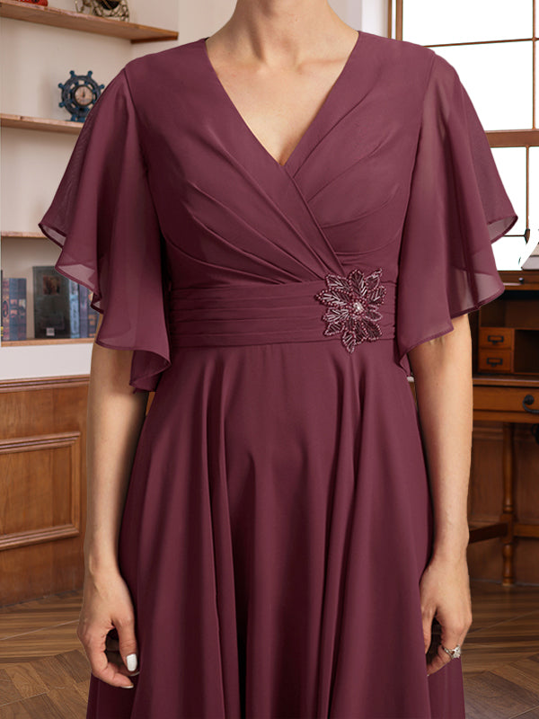 A-Line/Princess V-Neck Ruched Tea-Length Pleated Mother Of The Bride & Groom Dresses With Jewel Appliques & Ruffles BabaMila