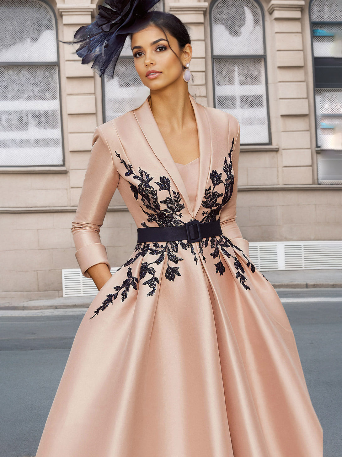 A-Line/Princess Plunge V-Neck 3/4 Sleeves Ankle-Length Pleated Mother Of The Bride Dresses With Appliques & Belt BabaMila