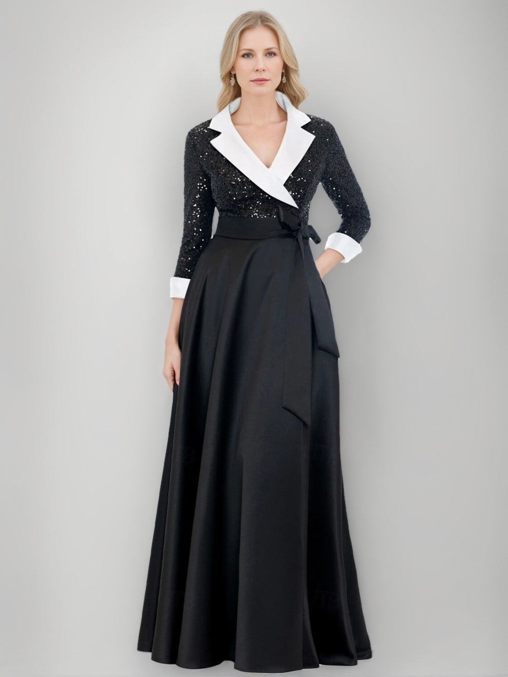 A-Line/Princess Shirt Collar 3/4 Sleeves Floor-Length Mother Of The Bride Dresses With Sequins & Self-Tie Sash & Pocket BabaMila