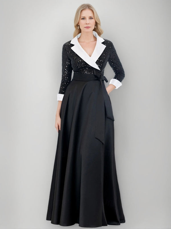 A-Line/Princess Shirt Collar 3/4 Sleeves Floor-Length Mother Of The Bride Dresses With Sequins & Self-Tie Sash & Pocket BabaMila