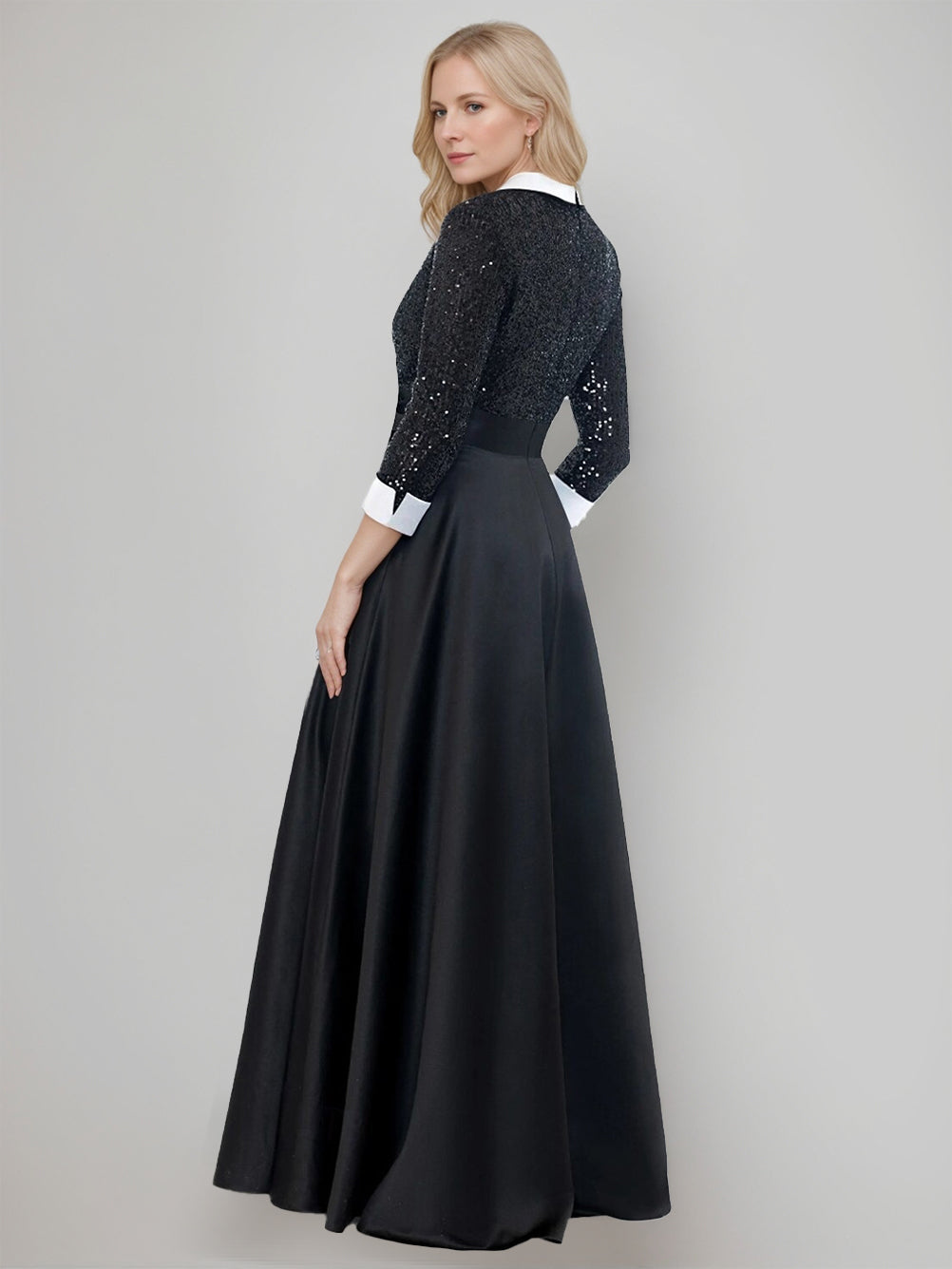 A-Line/Princess Shirt Collar 3/4 Sleeves Floor-Length Mother Of The Bride Dresses With Sequins & Self-Tie Sash & Pocket BabaMila