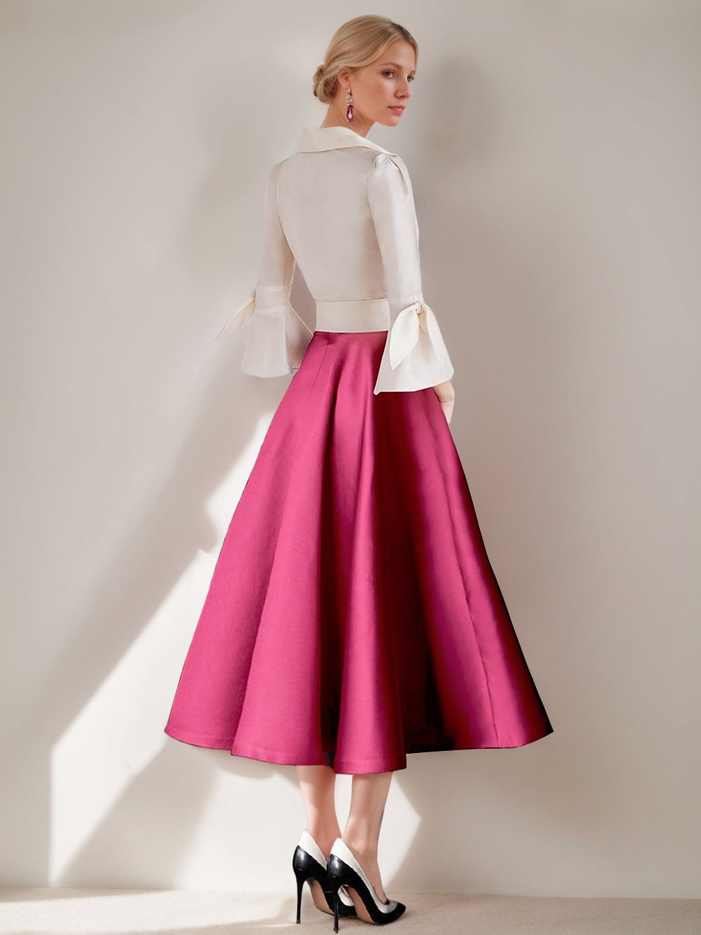 A-Line/Princess Shirt Collar 3/4 Sleeves Tea-Length Pleated Mother Of The Bride Dresses With Sash & Bows BabaMila