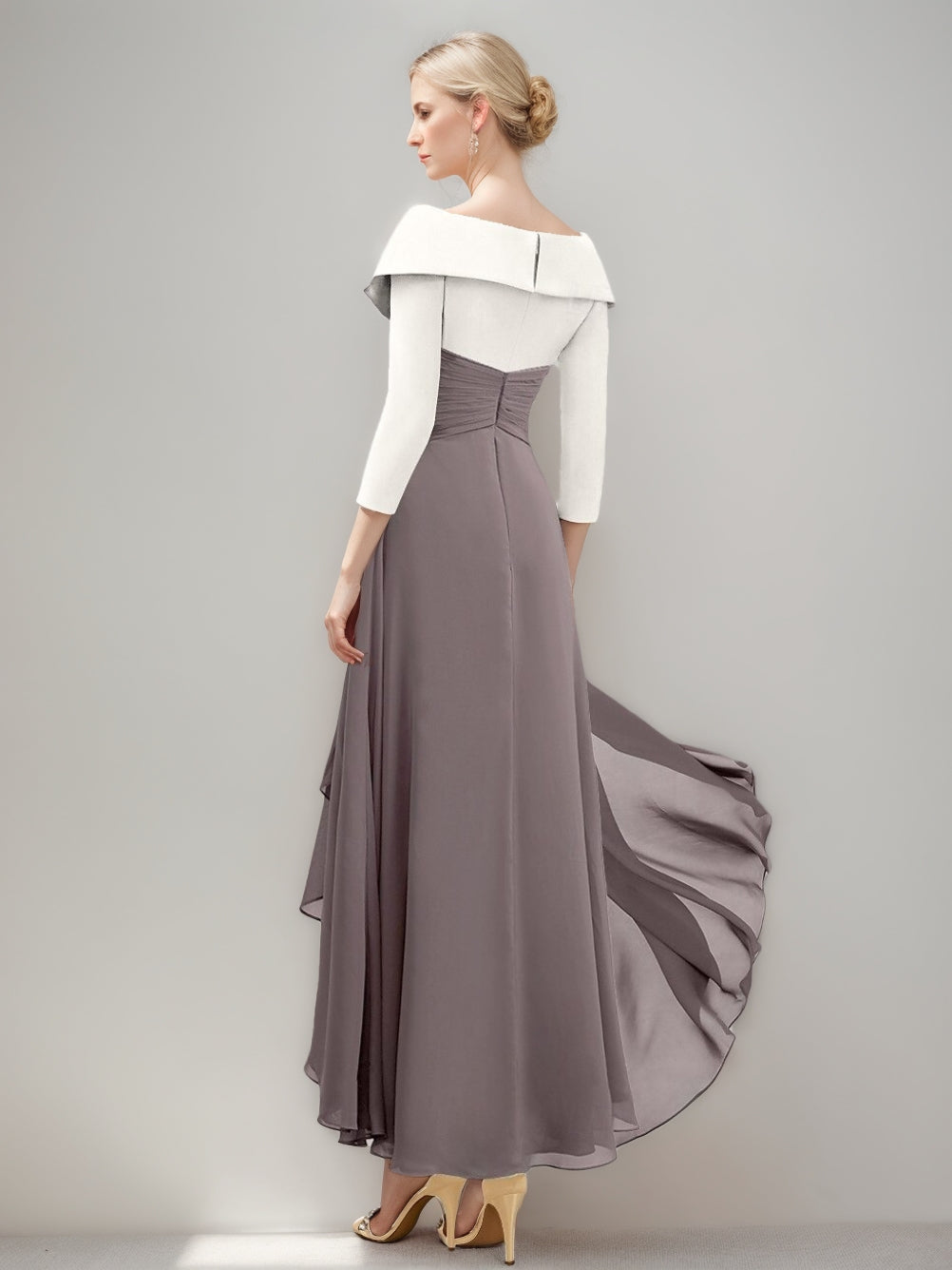 A-Line/Princess V-Neck 3/4 Sleeves Asymmetrical Pleated Mother Of The Bride Dresses With Ruffles BabaMila