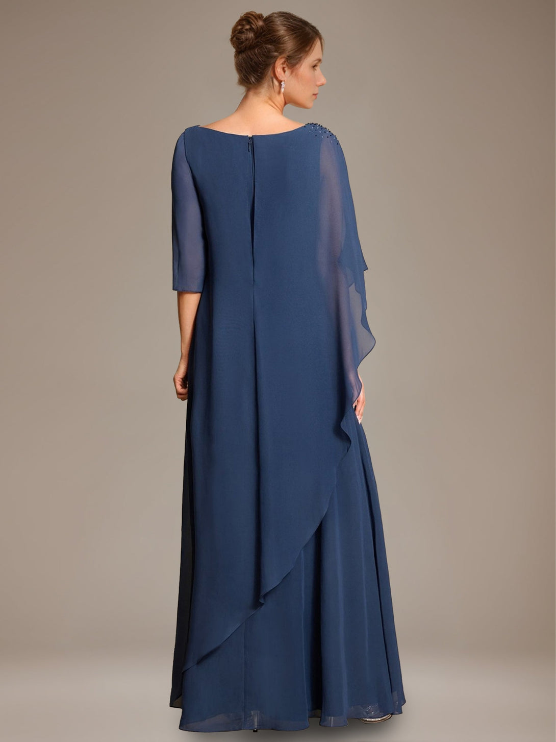 A-Line/Princess Scoop Cape Sleeves Floor-Length Pleated Mother Of The Bride Dress With Beads & Ruffles BabaMila