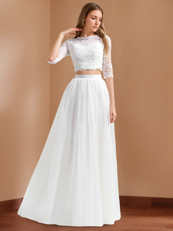 Two Pieces Scoop Neck Half Sleeves Floor-Length Wedding Dresses with Appliques & Lace BabaMila