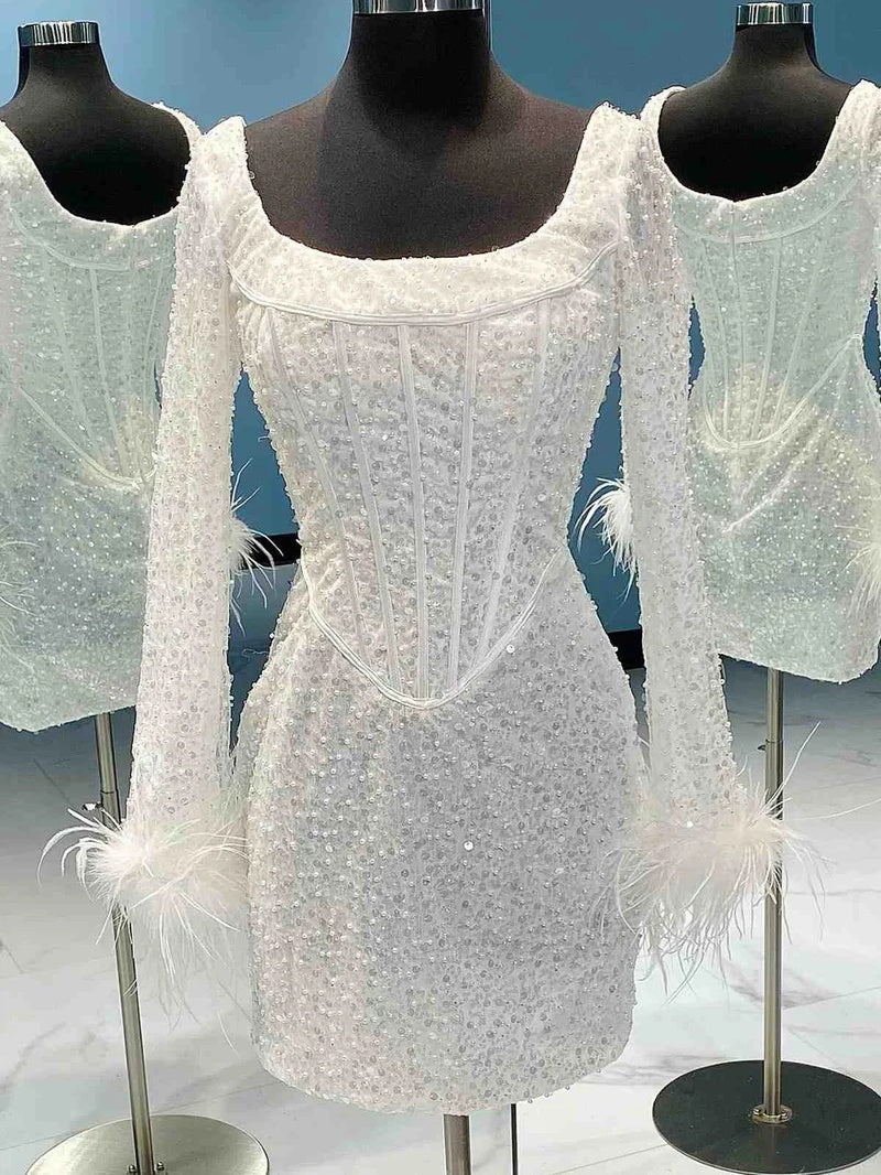 Sheath/Column Scoop Long Sleeves Short/Mini Party Dance Cocktail Homecoming Dress With Feathers BabaMila