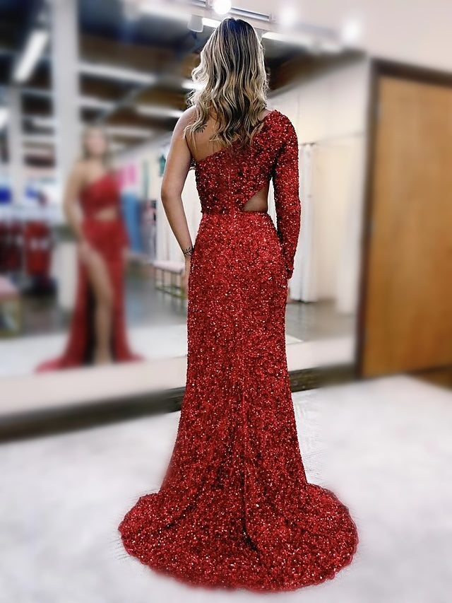 Sheath/Column Sequins One-Shoulder Long Sleeve Floor-length Prom Dresses With Slit BabaMila