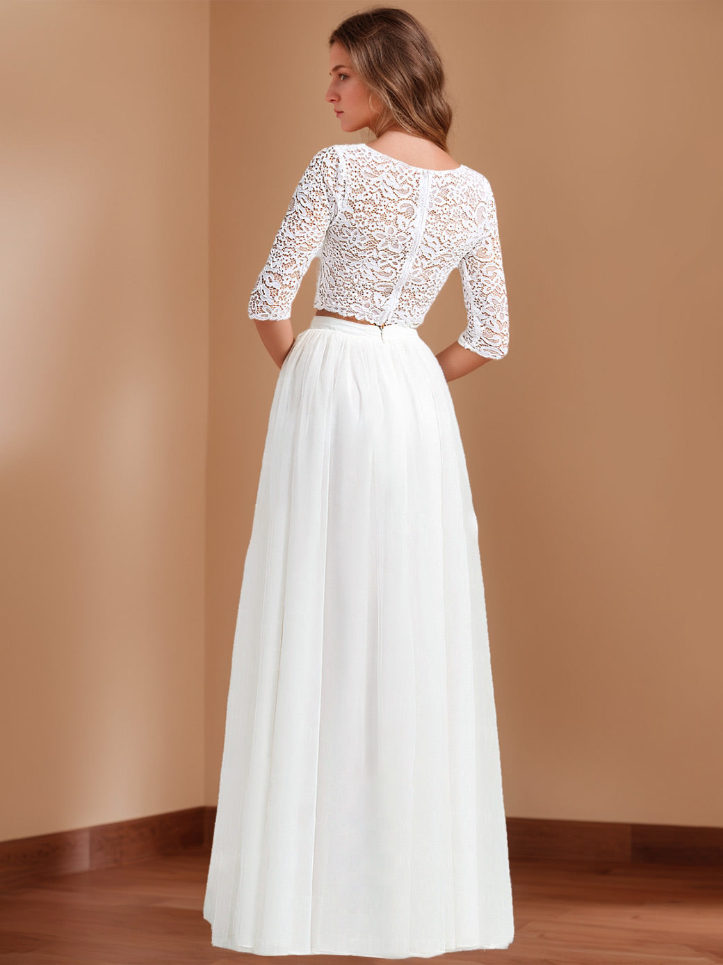 Two Pieces Scoop Neck Half Sleeves Floor-Length Wedding Dresses with Appliques & Lace BabaMila