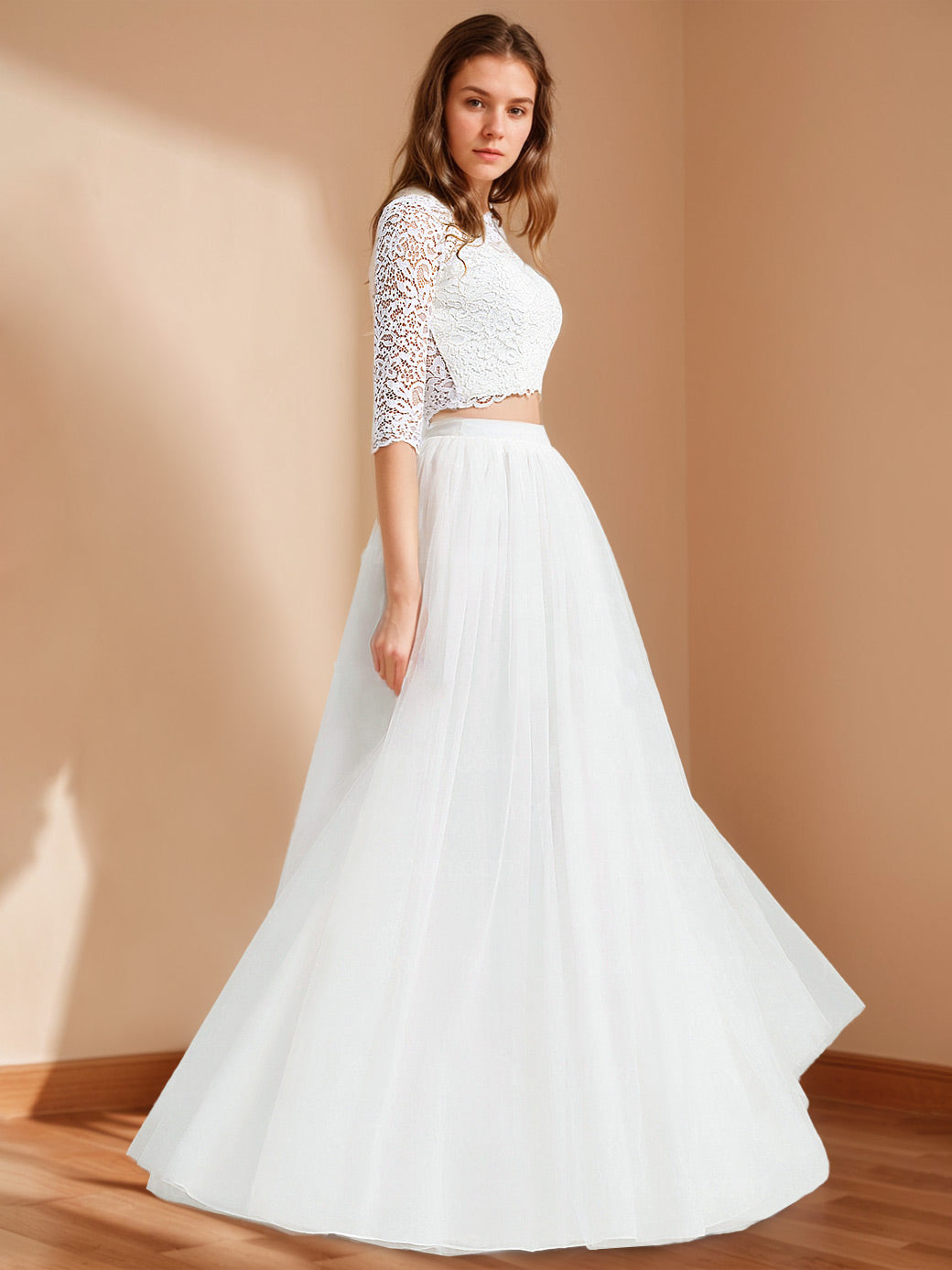 Two Pieces Scoop Neck Half Sleeves Floor-Length Wedding Dresses with Appliques & Lace BabaMila
