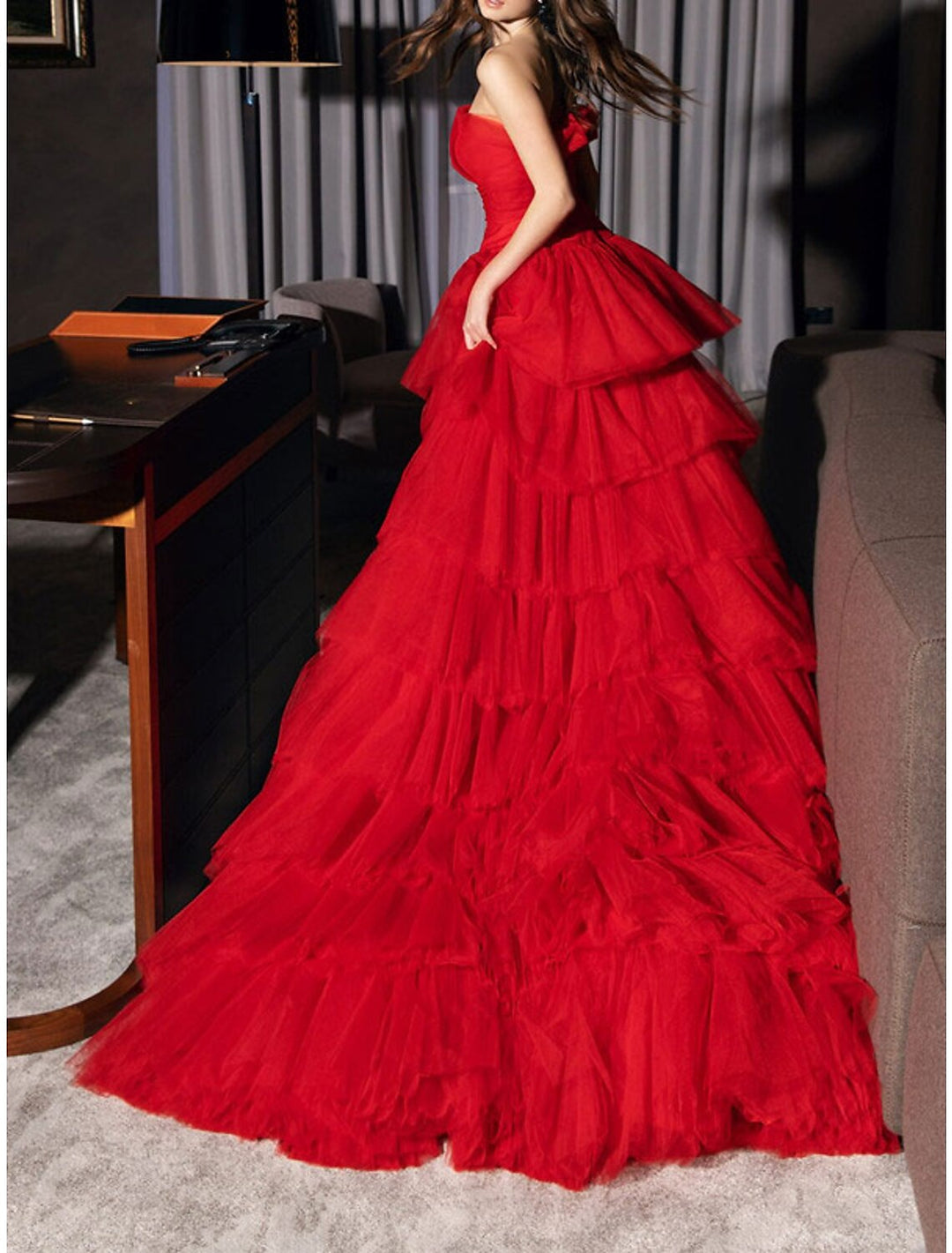 A-Line/Princess Strapless Tulle Asymmetrical Prom Dresses With Cascading Ruffles BabaMila
