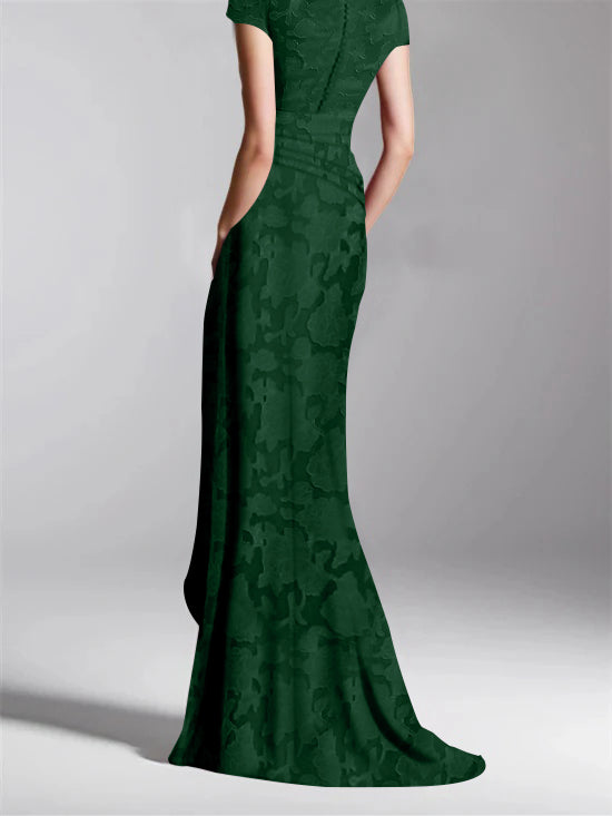 Sheath/Column V-Neck Short Sleeves Floor-Length Rose Lace Applique Mother Of The Bride Dresses With Split Side BabaMila