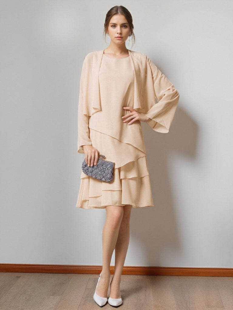 A-Line/Princess Scoop Neck Knee-Length Chiffon Mother Of The Bride Dresses With Jacket & Ruffles BabaMila