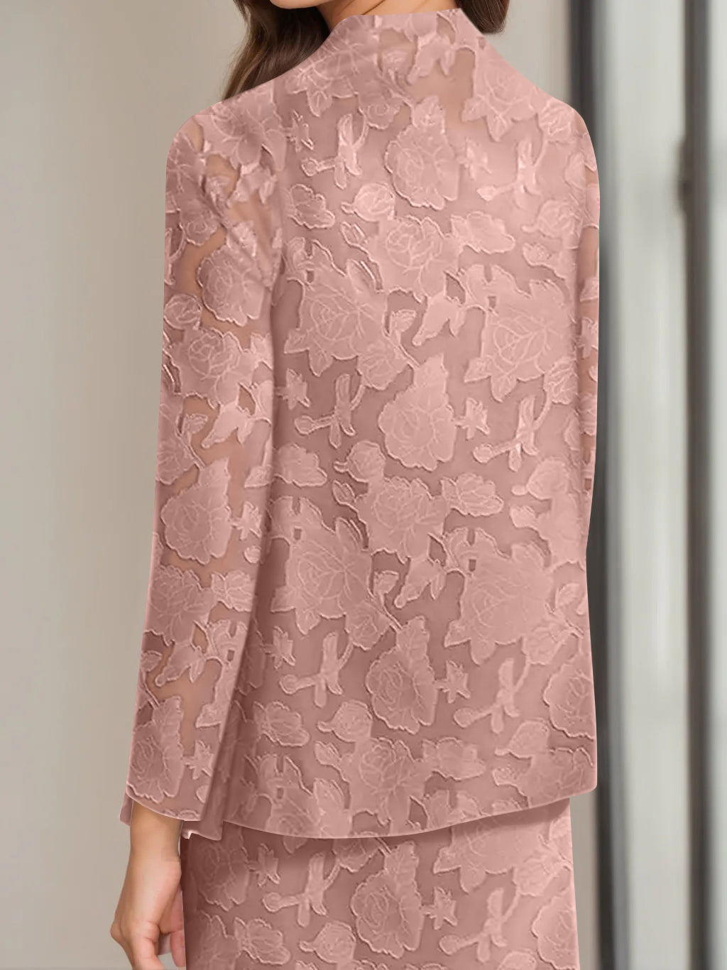 Sheath/Column Jewel Neck Tea-Length Rose Lace Applique Mother Of The Bride Dresses With Jacket BabaMila