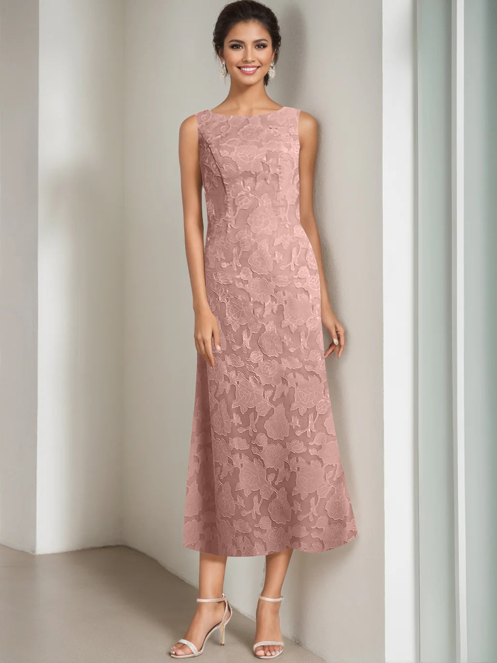 Sheath/Column Jewel Neck Tea-Length Rose Lace Applique Mother Of The Bride Dresses With Jacket BabaMila