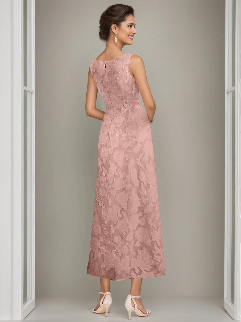 Sheath/Column Jewel Neck Tea-Length Rose Lace Applique Mother Of The Bride Dresses With Jacket BabaMila