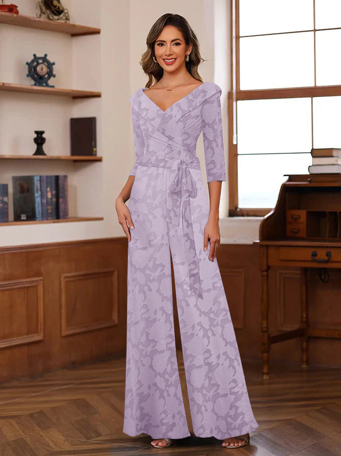 Ruched Rose Lace Applique V-Neck 3/4 Sleeves Mother Of The Jumpsuit BabaMila