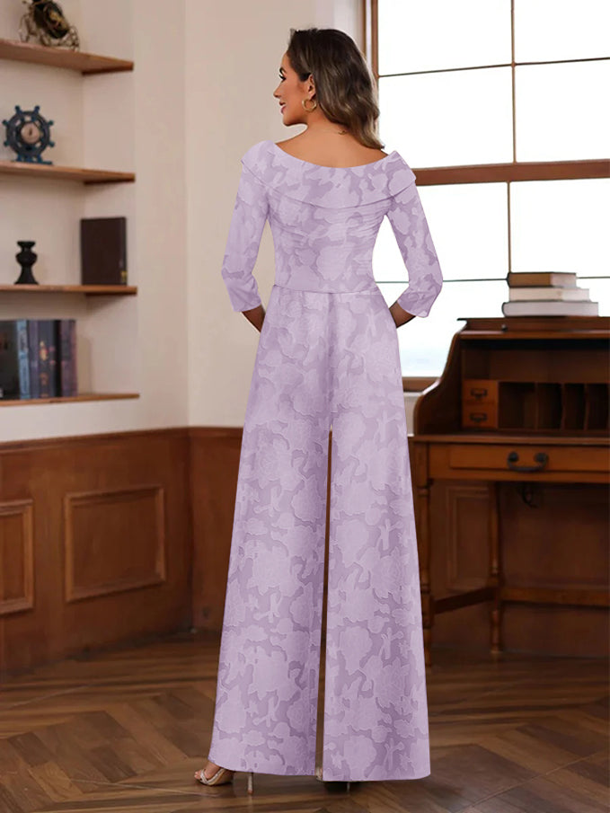 Ruched Rose Lace Applique V-Neck 3/4 Sleeves Mother Of The Jumpsuit BabaMila