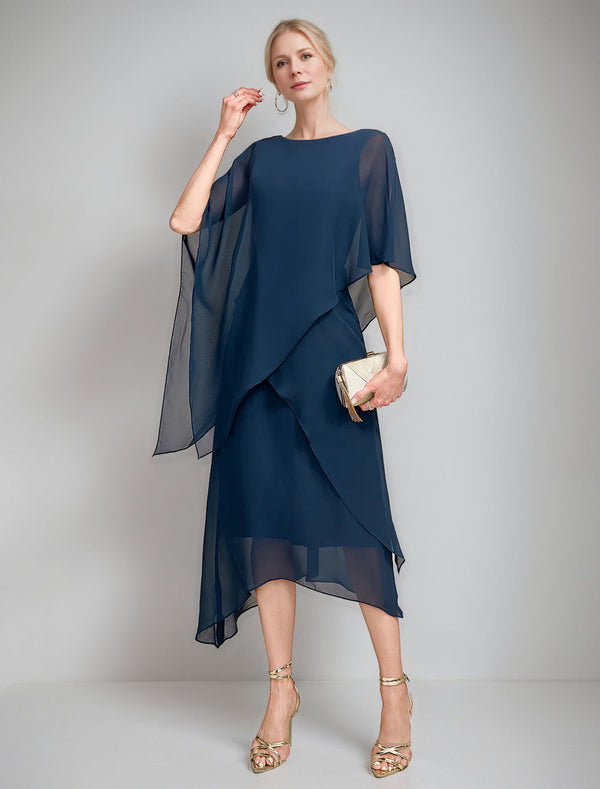 A-Line/Princess Jewel Neck Cape Sleeves Asymmetrical Mother Of The Bride Dresses BabaMila