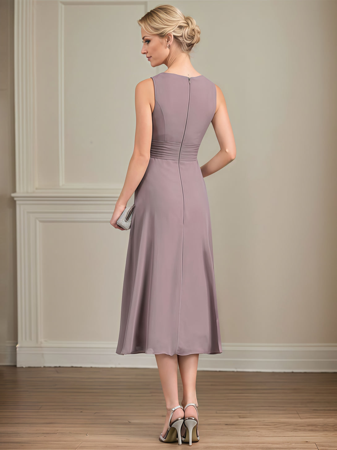 A-Line Scoop Neck 3/4 Sleeve Tea-Length Chiffon/Lace Mother of the Bride Dress With Pleated/Jacket BabaMila