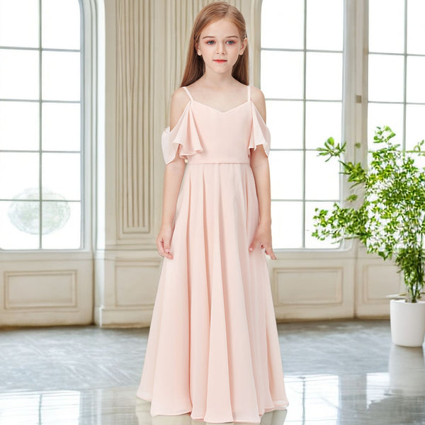 Simple A-Line Cold Shoulder Cape Floor-Length Chiffon Junior Bridesmaid Dress/Girls Birthday Dresses Girls Gidiondress