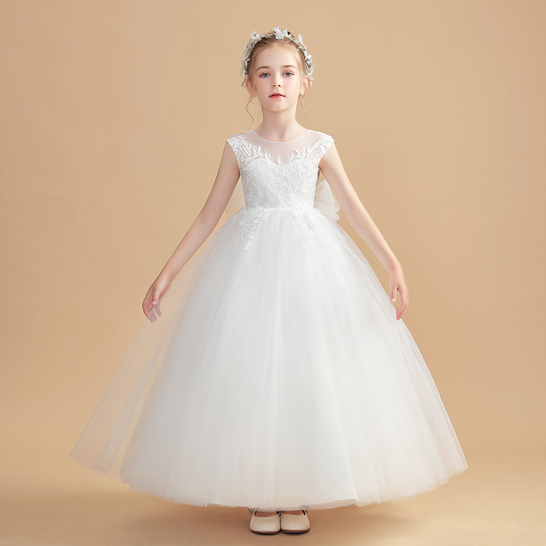 Ball Gown/Princess Sleeveless Scoop Neck Floor-Length Tulle/Lace Flower Girl Dresses/First Communion Dress With Bow/Appliques Girls Gidiondress