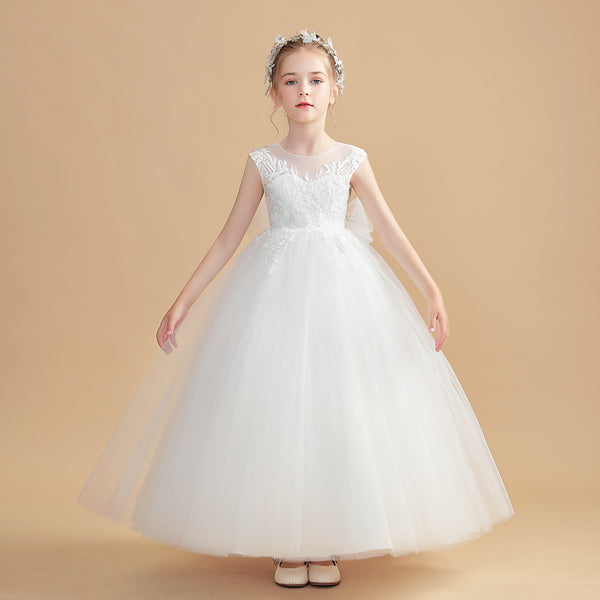 Ball Gown/Princess Sleeveless Scoop Neck Floor-Length Tulle/Lace Flower Girl Dresses/First Communion Dress With Bow/Appliques Girls Gidiondress