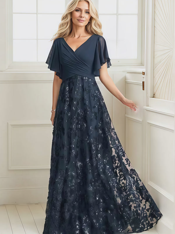 A-Line V-Neck Flutter Straps Floor-Length Lace/Chiffon/Sequins Mother of the Bride Dress With Pleated BabaMila