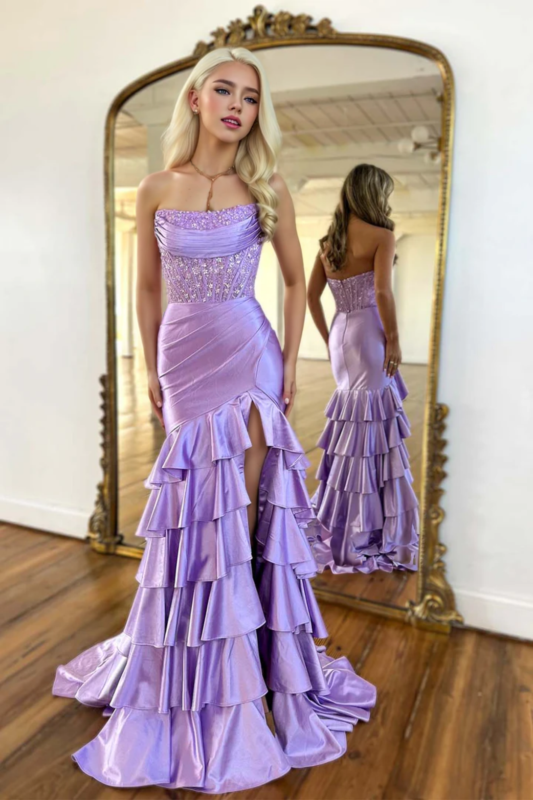 Charming Mermaid Strapless Pink Satin Long Prom Dresses with Appliques BabaMila