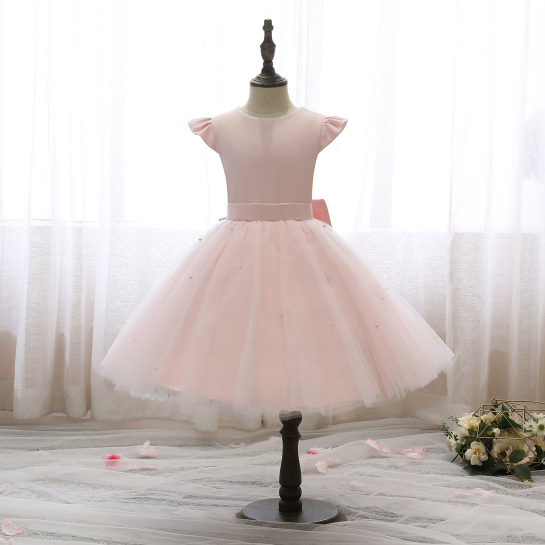 Scoop Neck Flutter Straps Knee-Length Satin/Tulle Holiday＆Christmas Dresses With Bow/Belt/Beads Girls Gidiondress