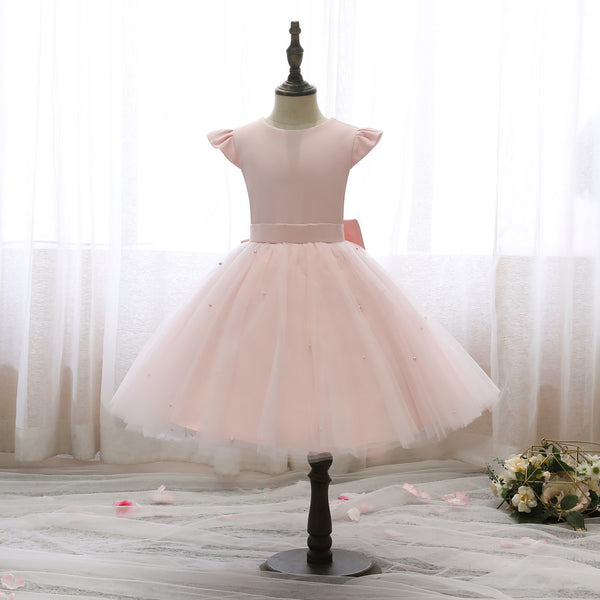 Scoop Neck Flutter Straps Knee-Length Satin/Tulle Holiday＆Christmas Dresses With Bow/Belt/Beads Girls Gidiondress