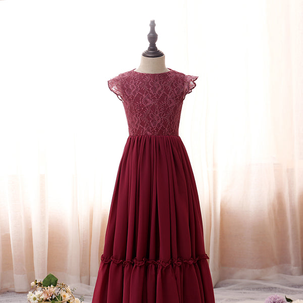 Boat Neck Flutter Straps Floor-Length Lace/Chiffon Girls Birthday Dresses With Ruffled Hem Girls Gidiondress