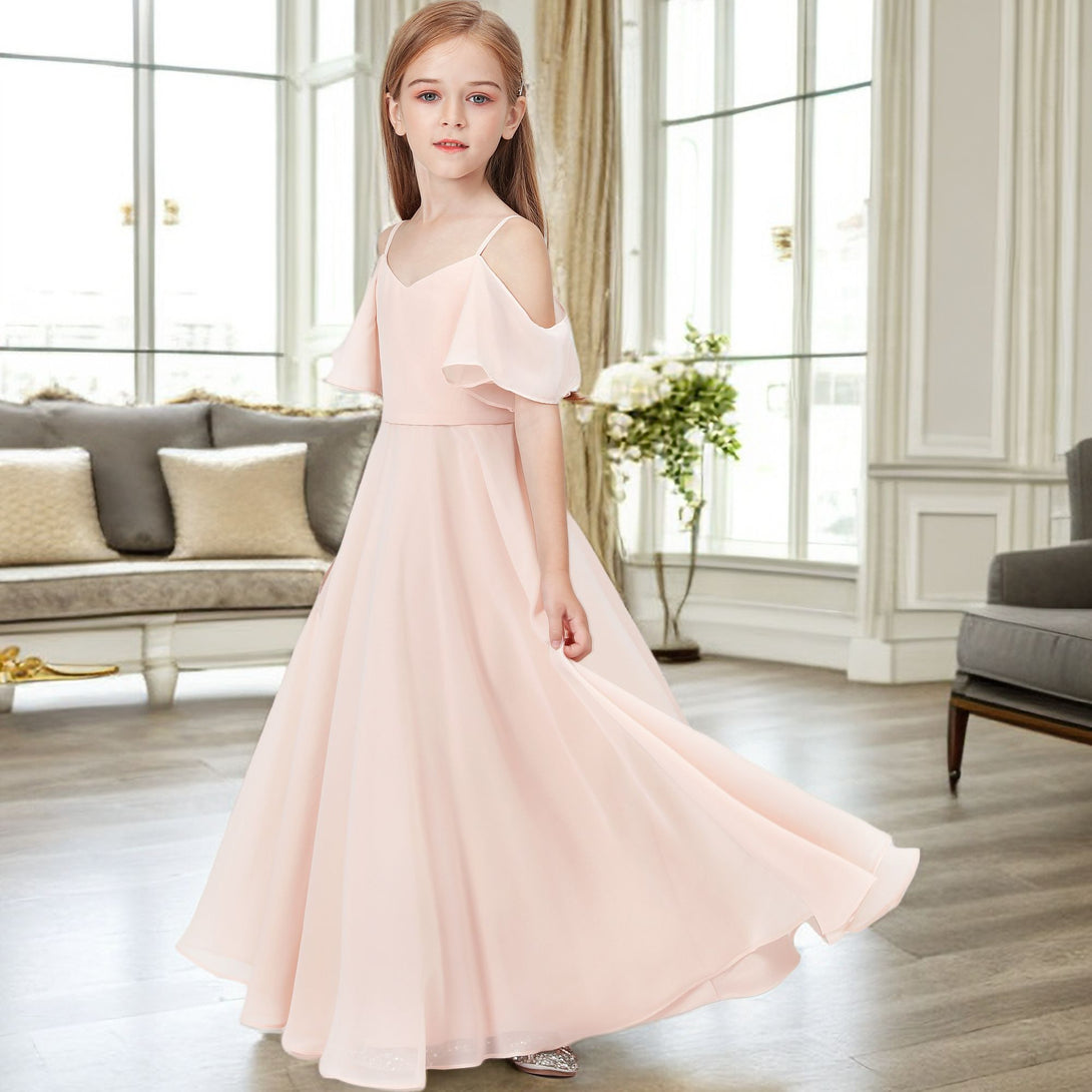 Simple A-Line Cold Shoulder Cape Floor-Length Chiffon Junior Bridesmaid Dress/Girls Birthday Dresses Girls Gidiondress