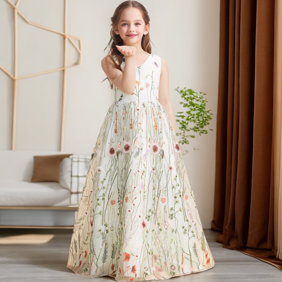 A-Line Sleeveless V-Neck Floor-Length Lace/Satin Flower Girl Dresses/Girls Birthday Dresses With Floral Lace/Belt Girls Gidiondress