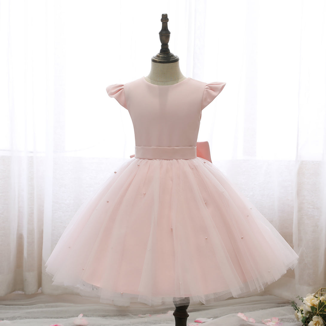 Scoop Neck Flutter Straps Knee-Length Satin/Tulle Holiday＆Christmas Dresses With Bow/Belt/Beads Girls Gidiondress