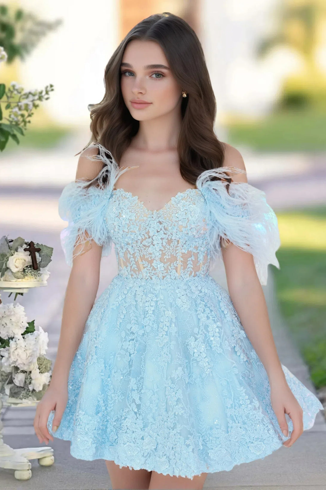 Off Shoulder Short Ruffle Lace Cocktail Dress Sky Blue Homecoming Dress Homecoming Dress BabaMila
