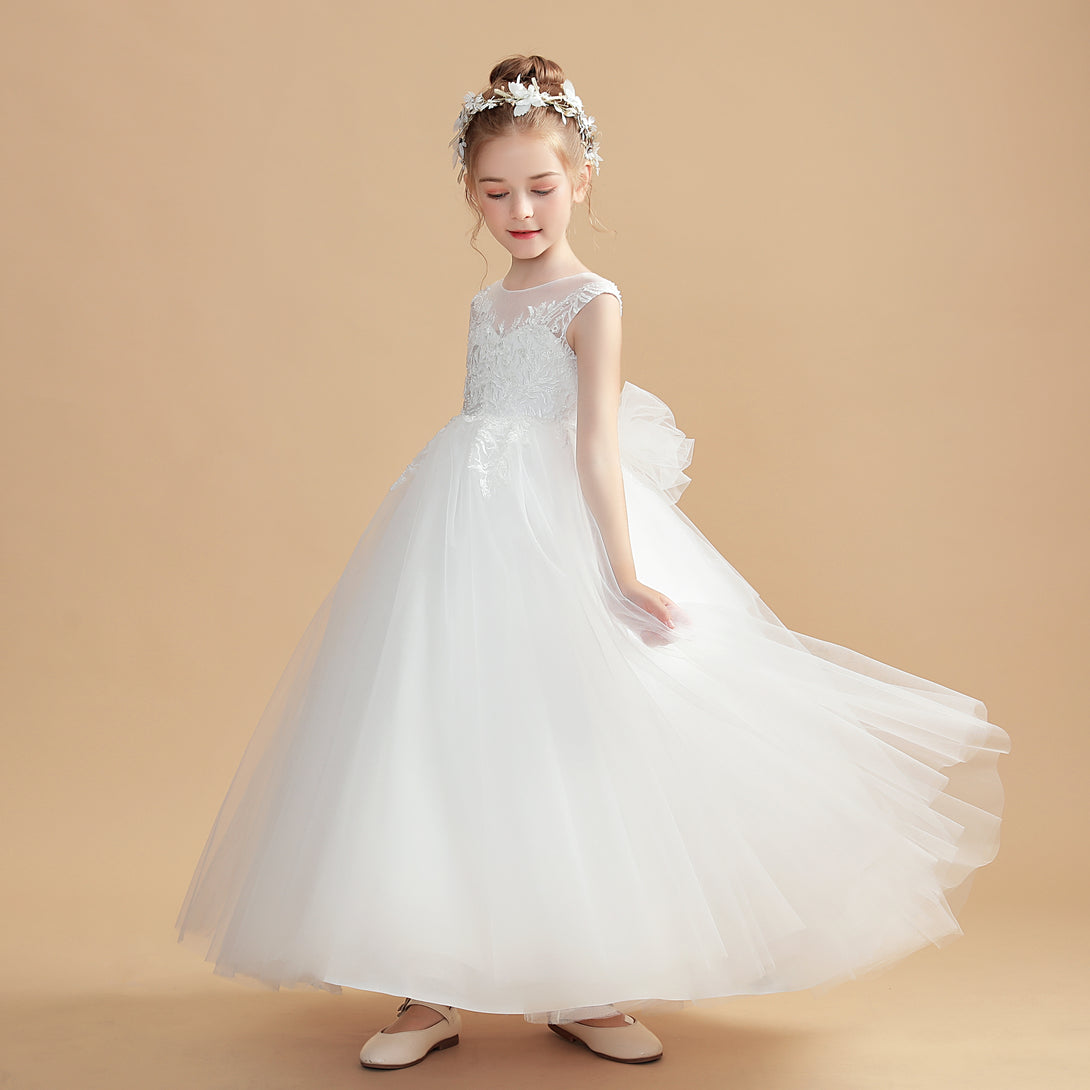 Ball Gown/Princess Sleeveless Scoop Neck Floor-Length Tulle/Lace Flower Girl Dresses/First Communion Dress With Bow/Appliques Girls Gidiondress