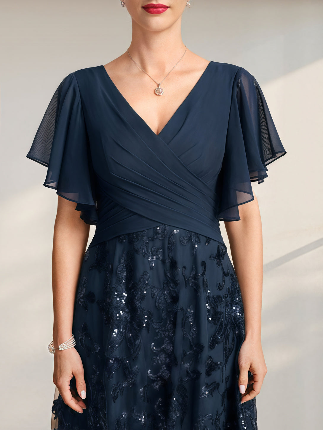 A-Line V-Neck Flutter Straps Floor-Length Lace/Chiffon/Sequins Mother of the Bride Dress With Pleated BabaMila