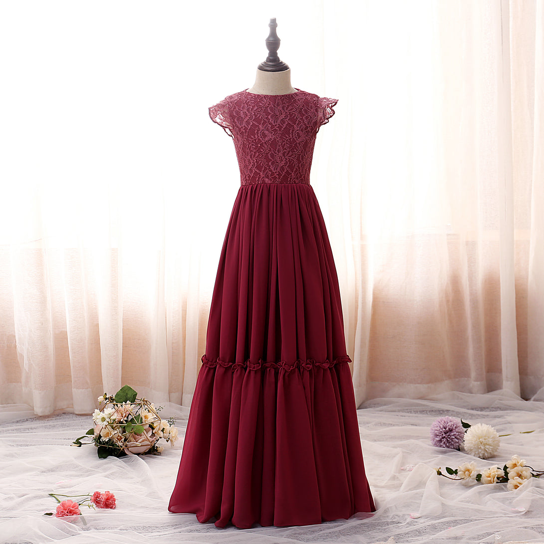 Boat Neck Flutter Straps Floor-Length Lace/Chiffon Girls Birthday Dresses With Ruffled Hem Girls Gidiondress