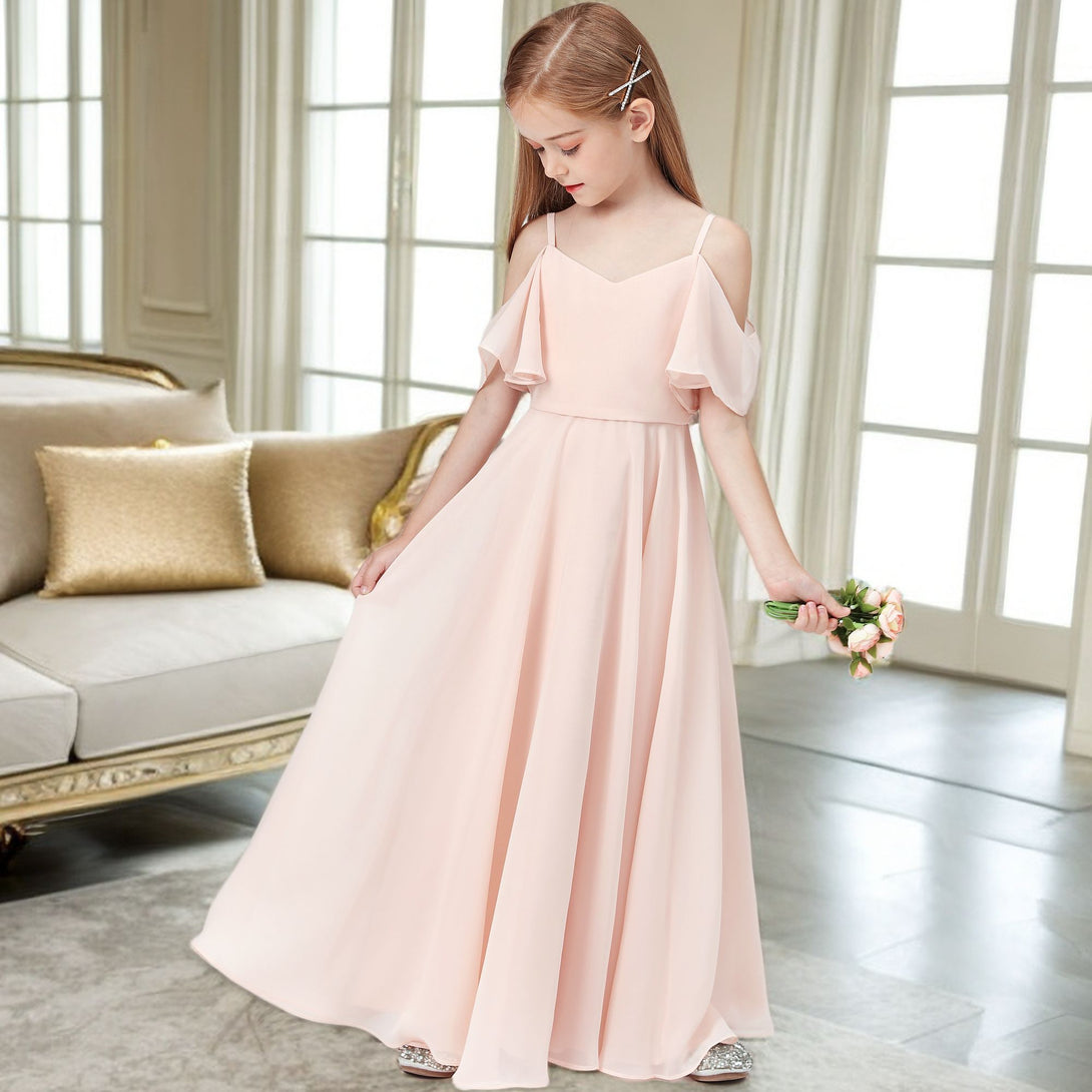 Simple A-Line Cold Shoulder Cape Floor-Length Chiffon Junior Bridesmaid Dress/Girls Birthday Dresses Girls Gidiondress