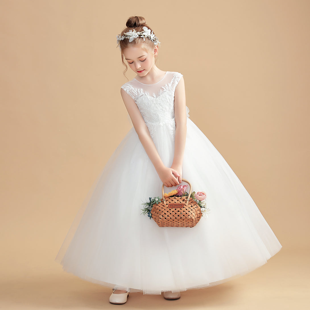 Ball Gown/Princess Sleeveless Scoop Neck Floor-Length Tulle/Lace Flower Girl Dresses/First Communion Dress With Bow/Appliques Girls Gidiondress