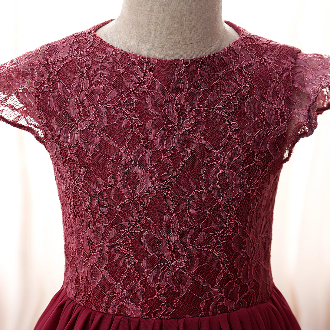 Boat Neck Flutter Straps Floor-Length Lace/Chiffon Girls Birthday Dresses With Ruffled Hem Girls Gidiondress