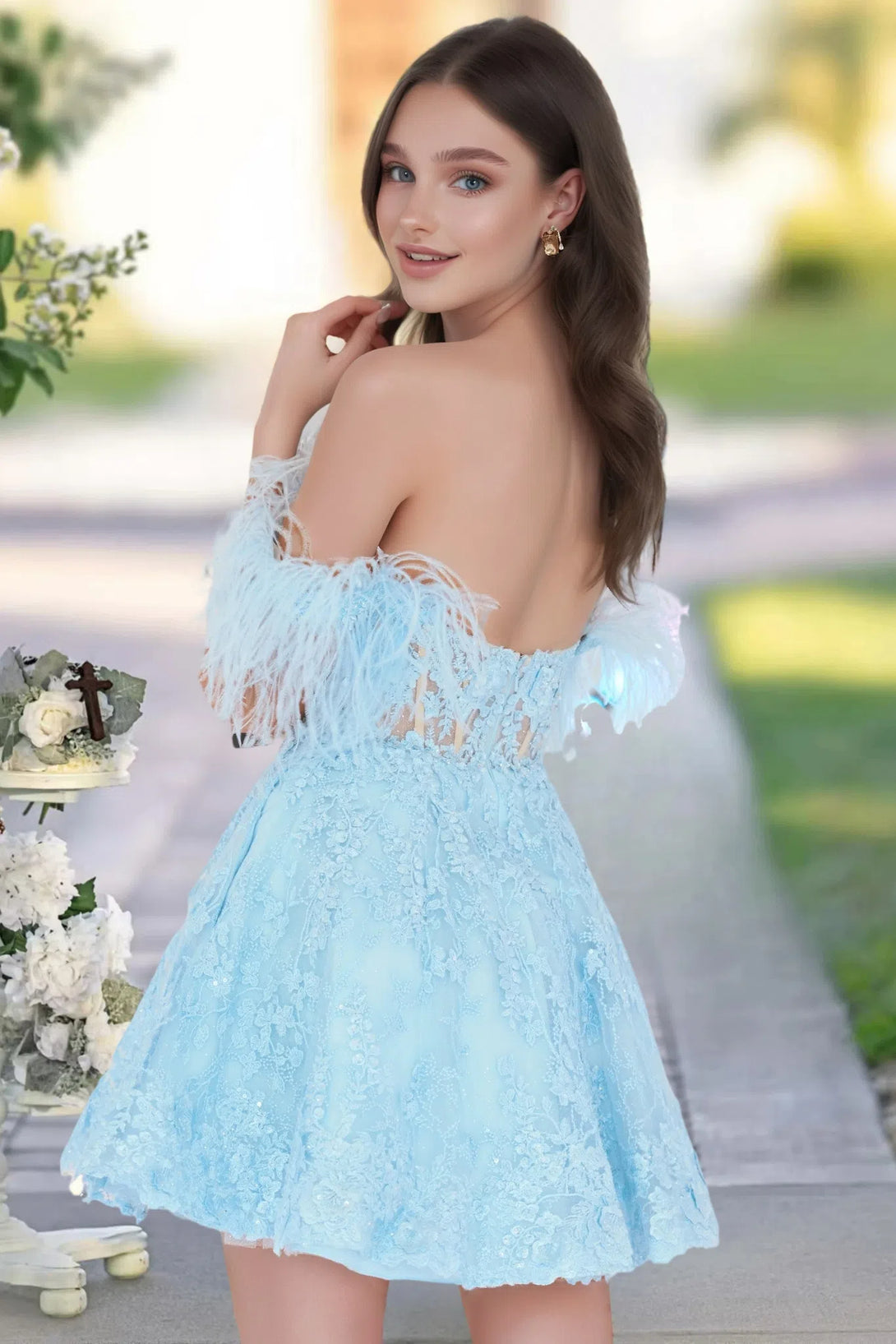 Off Shoulder Short Ruffle Lace Cocktail Dress Sky Blue Homecoming Dress Homecoming Dress BabaMila