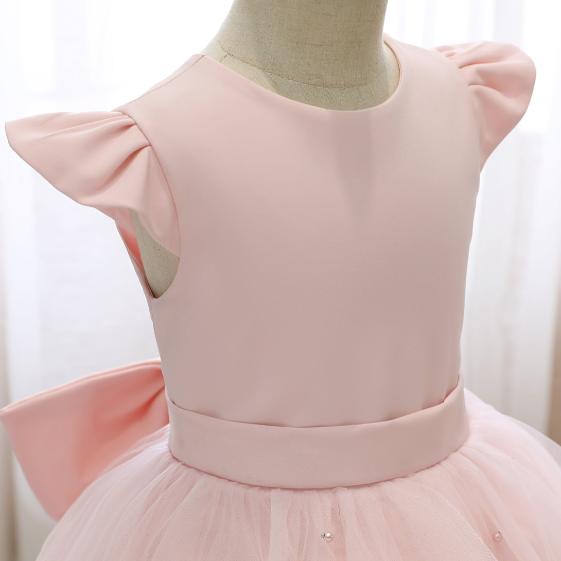 Scoop Neck Flutter Straps Knee-Length Satin/Tulle Holiday＆Christmas Dresses With Bow/Belt/Beads Girls Gidiondress