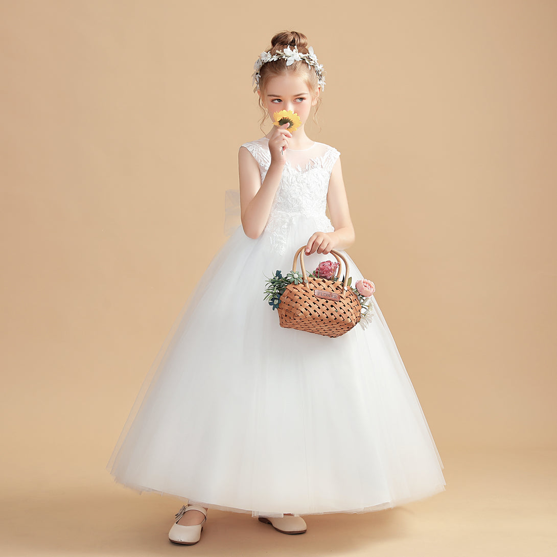 Ball Gown/Princess Sleeveless Scoop Neck Floor-Length Tulle/Lace Flower Girl Dresses/First Communion Dress With Bow/Appliques Girls Gidiondress
