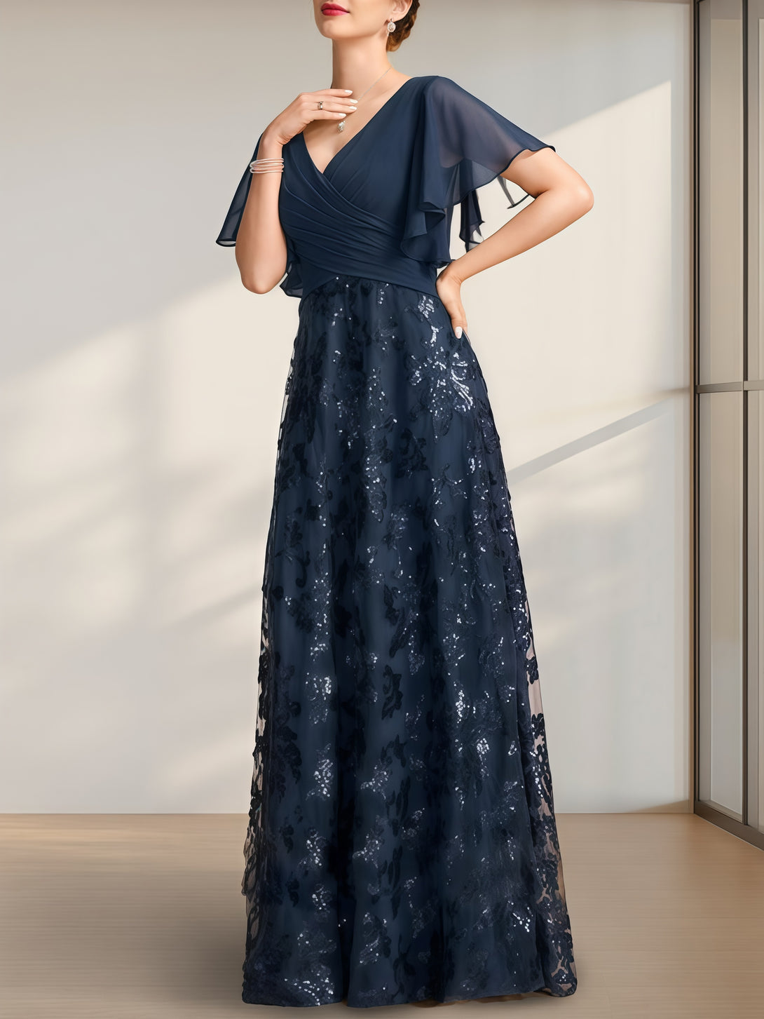 A-Line V-Neck Flutter Straps Floor-Length Lace/Chiffon/Sequins Mother of the Bride Dress With Pleated BabaMila