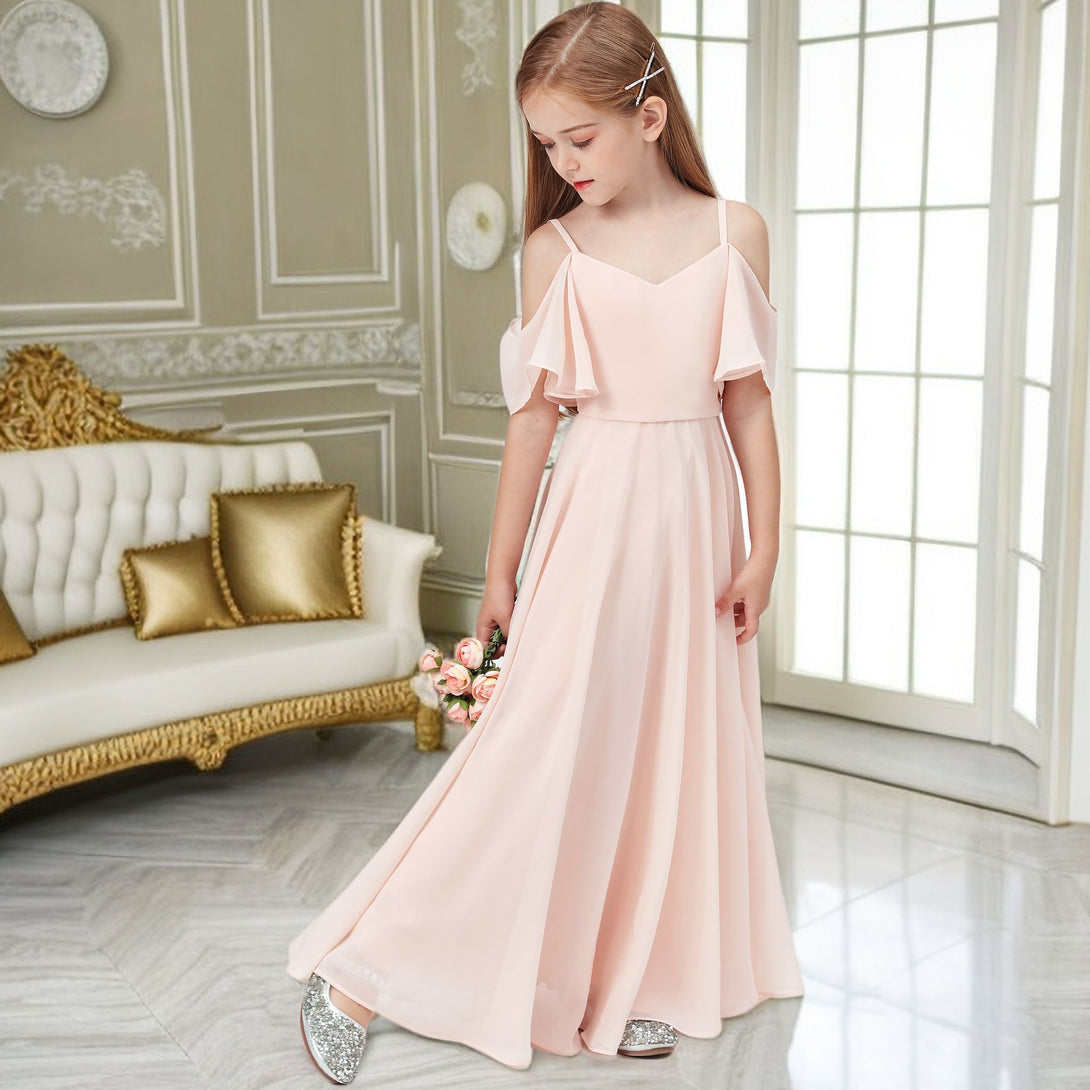 Simple A-Line Cold Shoulder Cape Floor-Length Chiffon Junior Bridesmaid Dress/Girls Birthday Dresses Girls Gidiondress