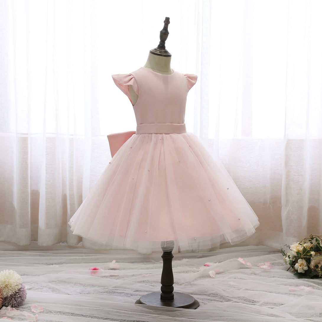 Scoop Neck Flutter Straps Knee-Length Satin/Tulle Holiday＆Christmas Dresses With Bow/Belt/Beads Girls Gidiondress