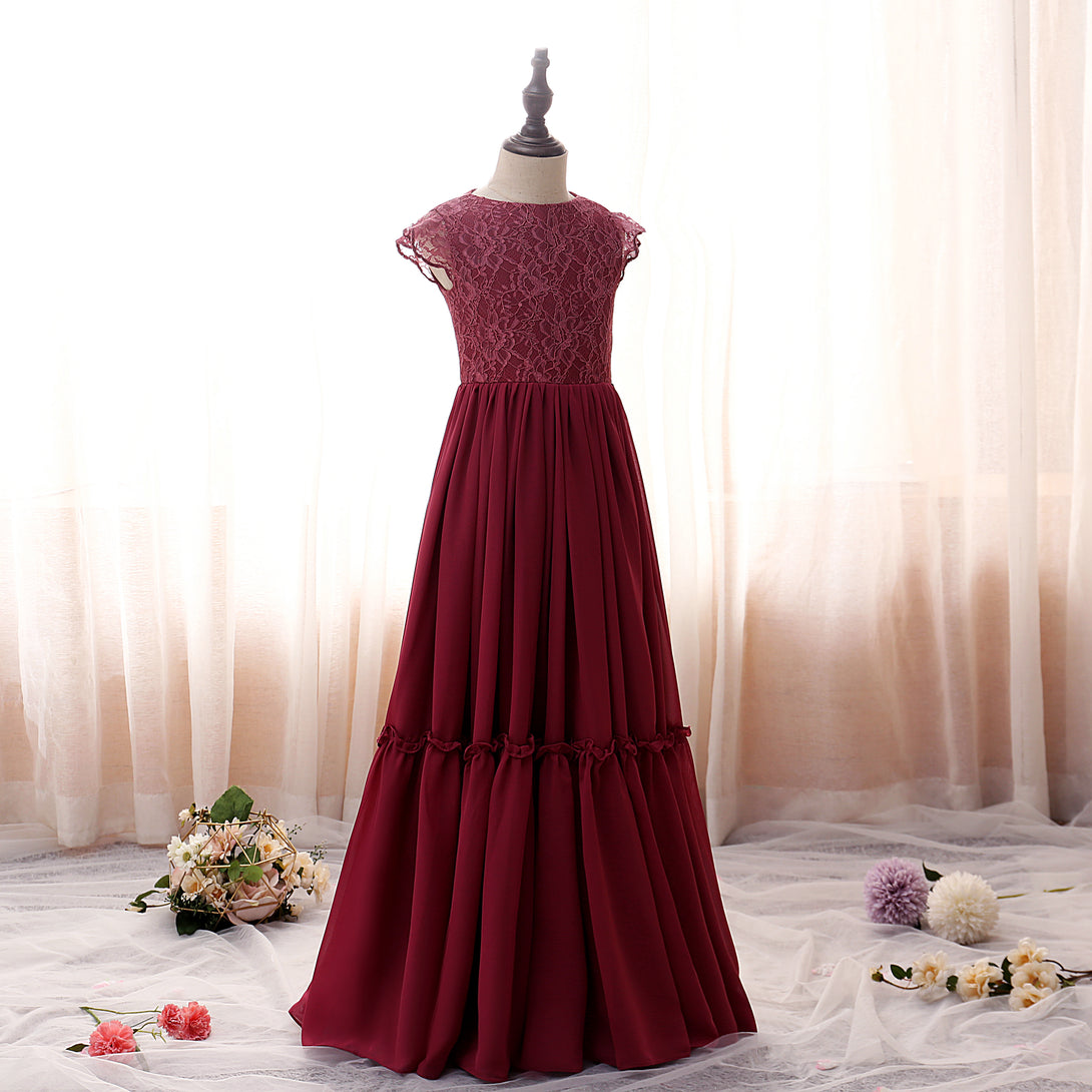 Boat Neck Flutter Straps Floor-Length Lace/Chiffon Girls Birthday Dresses With Ruffled Hem Girls Gidiondress