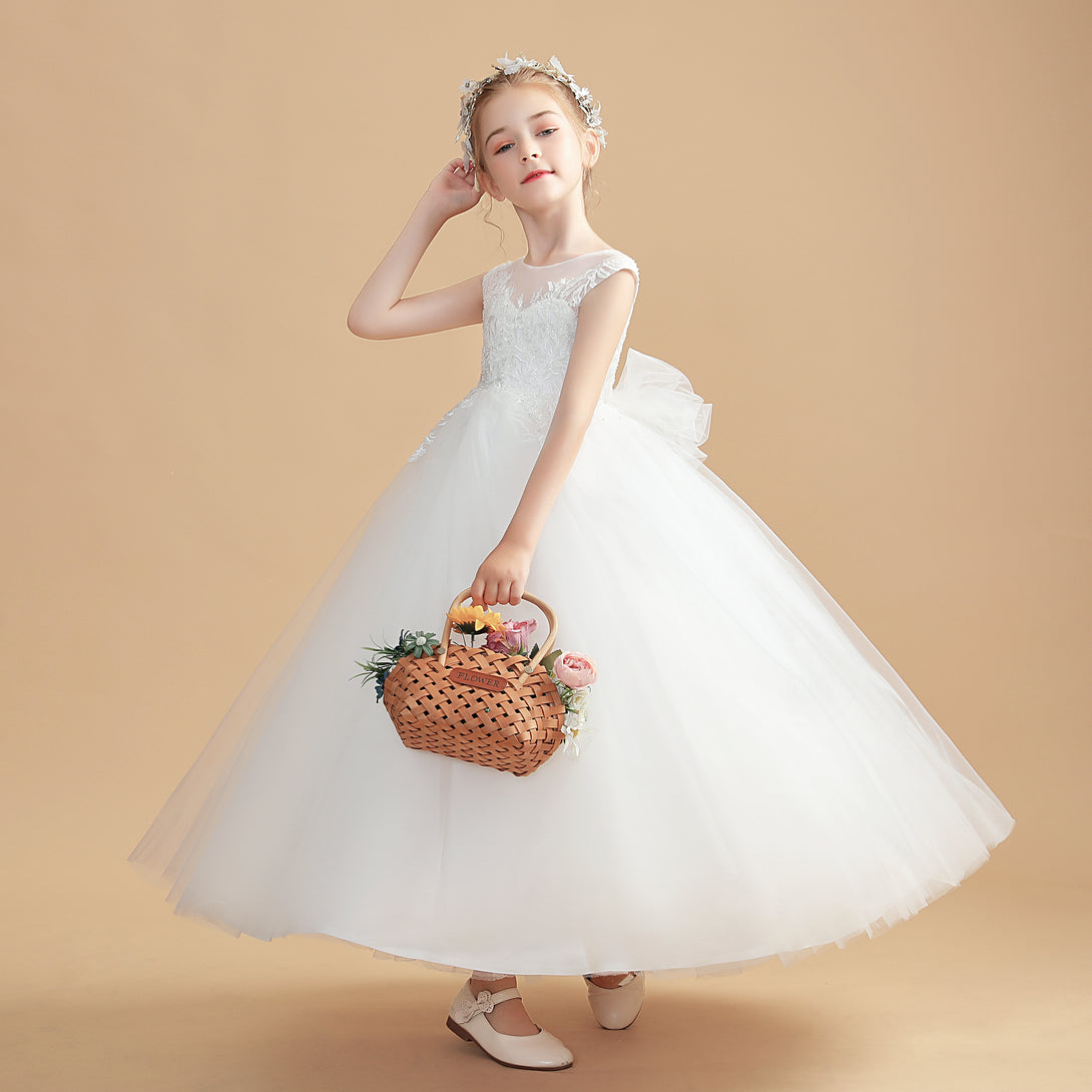 Ball Gown/Princess Sleeveless Scoop Neck Floor-Length Tulle/Lace Flower Girl Dresses/First Communion Dress With Bow/Appliques Girls Gidiondress